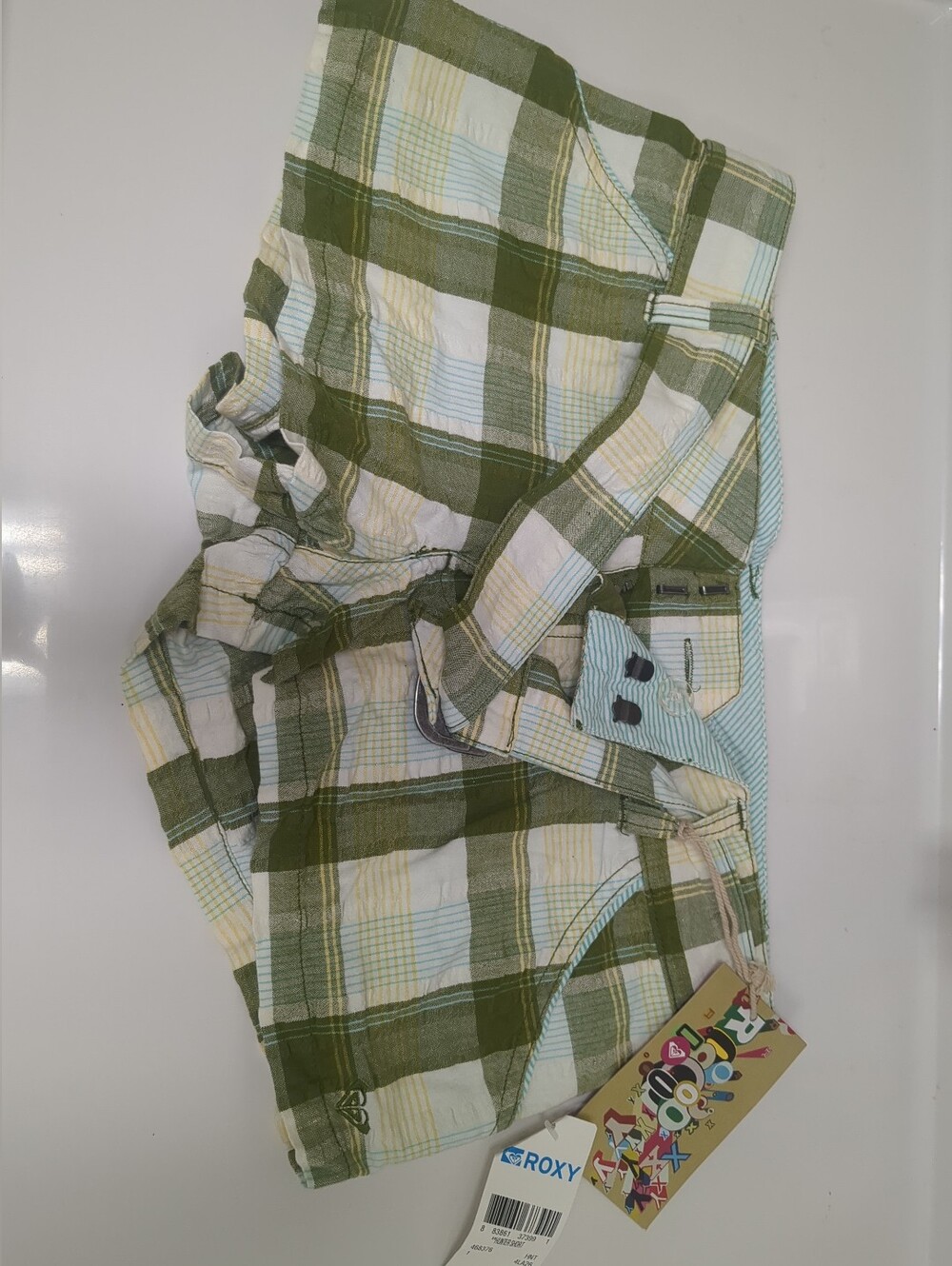Y2k Roxy Plaid Green Shorts SZ 1 Green/Blue/White/Yellow Pull Belt NWT